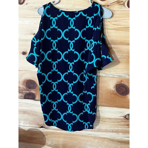 Francesca's bird cage label womens blouse. Open shoulders. Navy/teal geometric S - Picture 2 of 6